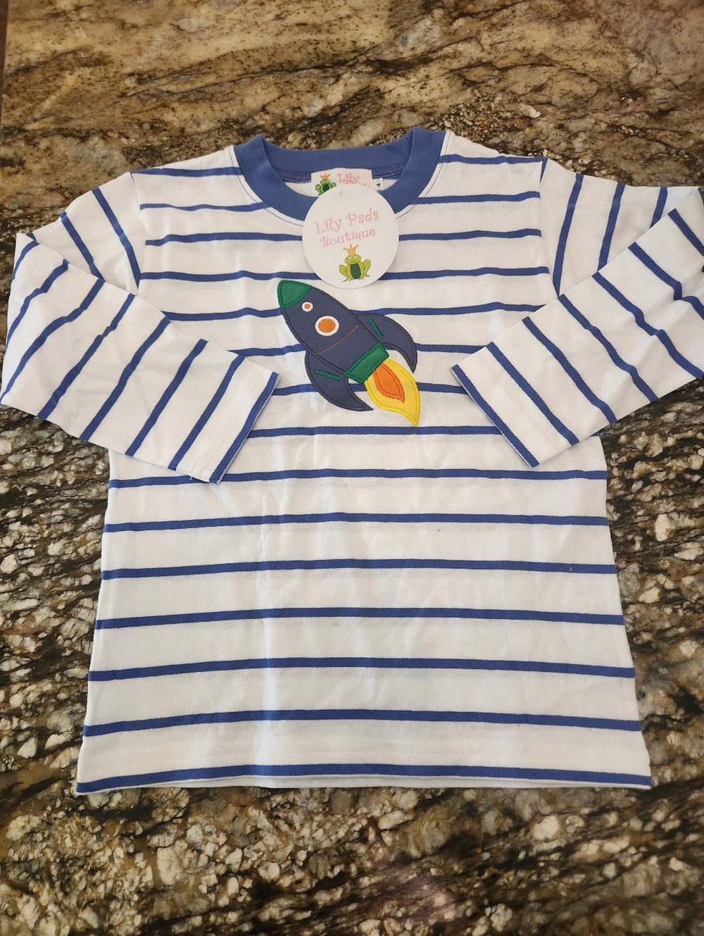 Striped White & Blue Rocket Appliqué Long-Sleeve Tee - Kids